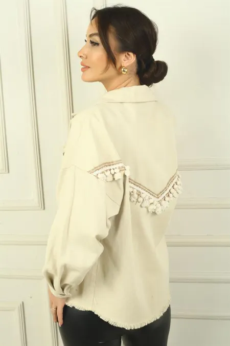 Kadın Arkası Etnik Şeritli Püsküllü Önü Metal Düğmeli Tek Cepli Gömlek