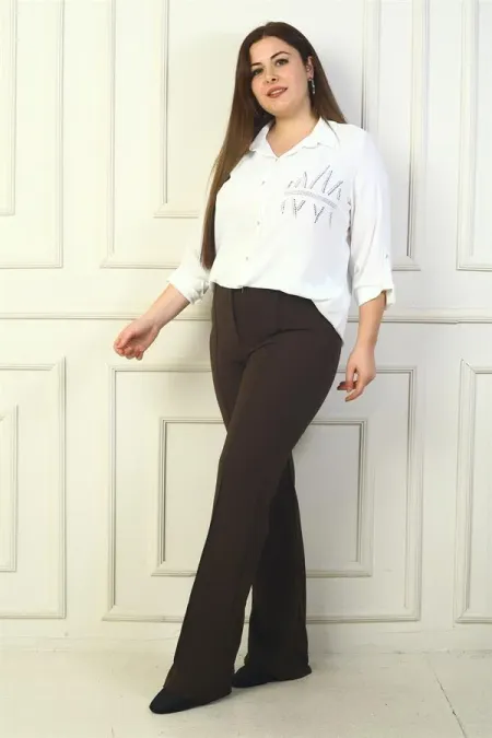 Pantalon Palazzo grande taille pour femme avec ceinture élastique et côtes