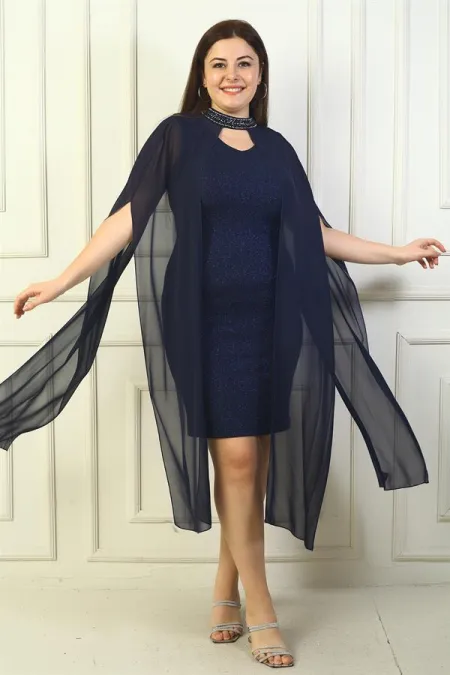 Robe à paillettes doublée à col en V pour femme, grande taille, avec cape en mousseline