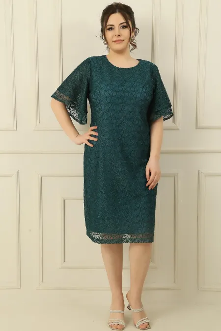 Short Sleeve Flounce Lined Plus Size Glittery Lace Dress