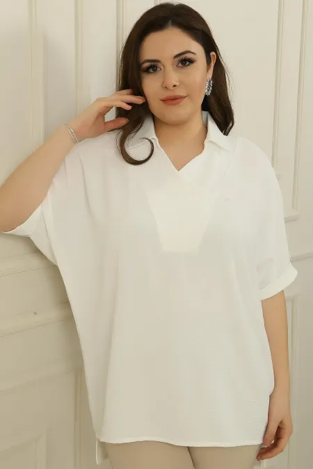 Double Breasted Polo Collar Short Sleeve Ayrobin Plus Size Blouse