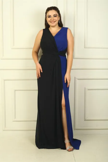 Kruvaze Yaka Önü Büzgülü Astarlı 2 Renk Büyük Beden Şifon Uzun Elbise