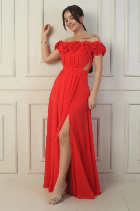 Robe longue en mousseline pour femme, ornée d'un décolleté floral découpé au laser, doublée et ceinturée à la taille.