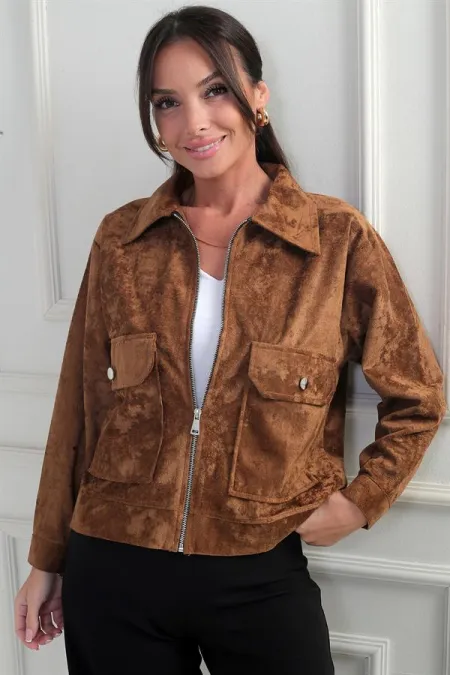 Manteau en daim pour femme avec poche et fermeture éclair sur le devant