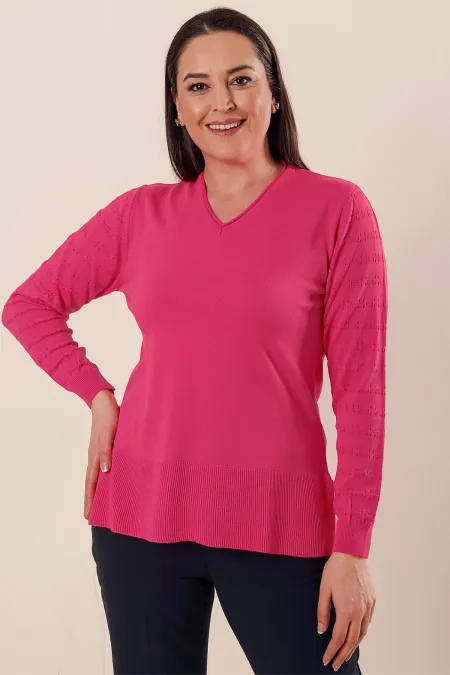 Plus Size Acrylic Sweater with V-Neck Sleeves and Side Slits