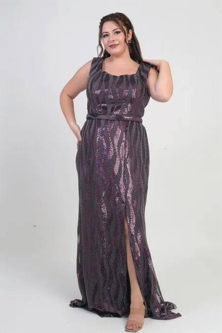 Women's Square Neck Lined Sequin Plus Size Long Dress