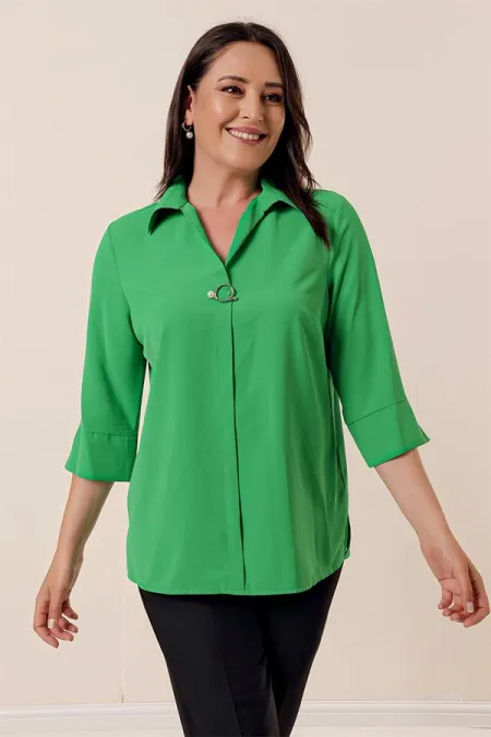 Polo Collar Quarter Sleeve Plus Size Blouse
