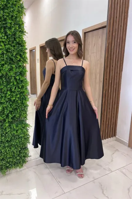 Women's Thin Strap Lined Pocketed Midi Satin Dress