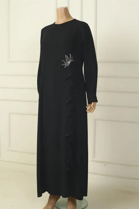 Robe longue en crêpe grande taille à volants brodés de fleurs et de pierres pour femme