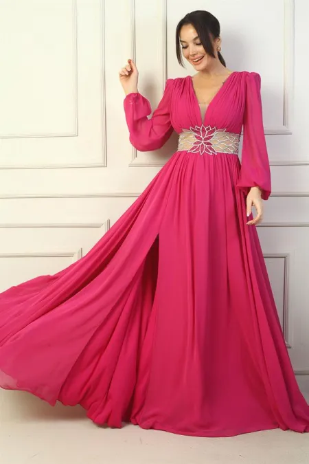 Robe de soirée longue en mousseline de soie avec col en V et doublure brodée pour femme