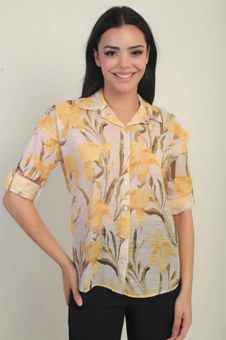 Kadın Büyük Çiçek Desenli Kol Katlamalı Gömlek