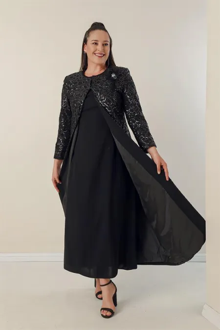 Robe longue en crêpe à manches demi-lune, manches et devant ornés de sequins, caftan doublé, ensemble deux pièces grandes tailles