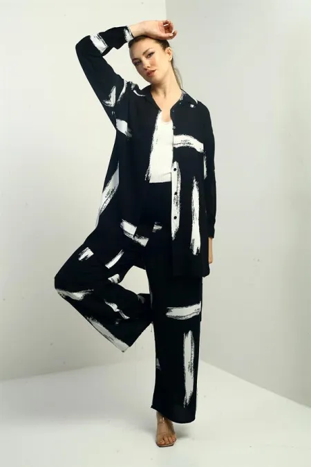 Women's Side Slit Tunic Shirt, Elastic Waist Pocketed Paazzo Pants, Brush Pattern Oversize 2-Piece Set