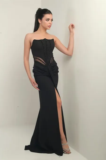 Women's Long Strapless Dress with Beaded Detail and Transparent Lining at the Waist