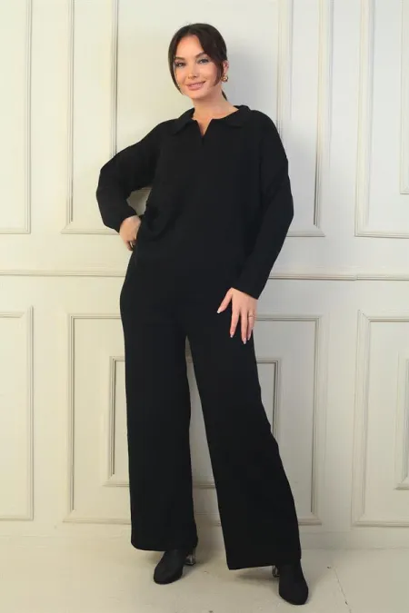 Pull à col polo, pantalon palazzo à taille élastiquée, ensemble 2 pièces en maille