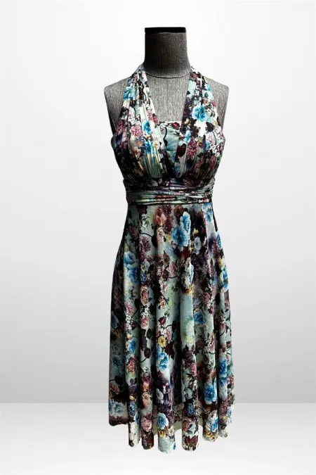 Kadın Boyundan Bağlamalı Astarlı Küçük Çiçekli Elbise