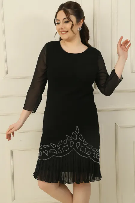 Plus Size Crepe Dress with Chiffon Pleated Sleeves and Stone Detail on the Hem