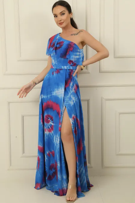 Tek Omuz Astarlı Yırtmaçlı Empirme Uzun Şifon Elbise