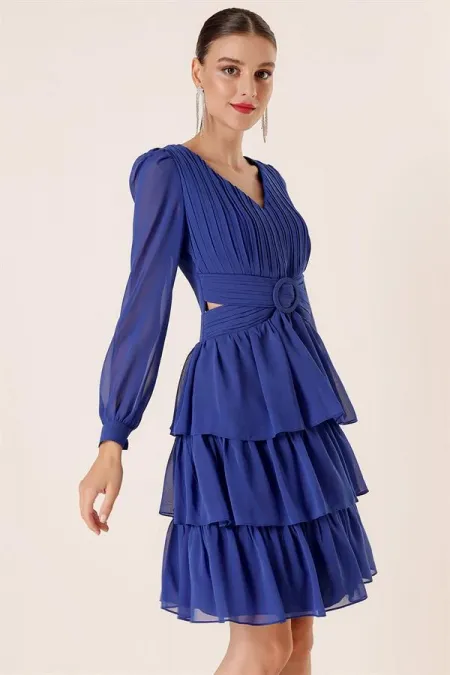 Şifon Gloplu Bel Ve Sırt Dekolteli Kat Kat Elbise