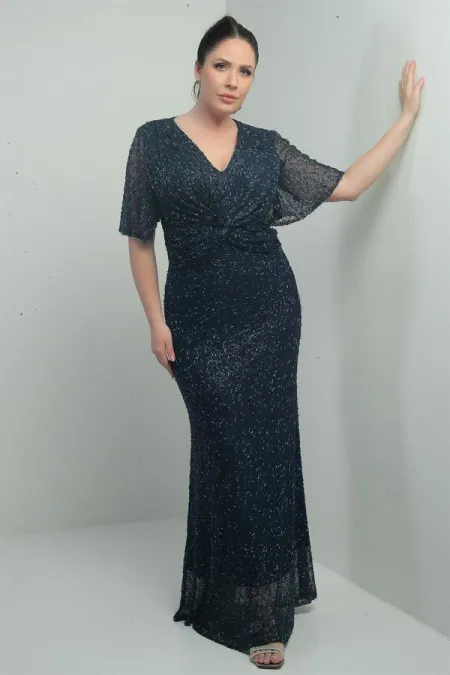 Robe longue doublée à col en V pour femme, ornée d'un nœud sur le devant et de perles, grandes tailles