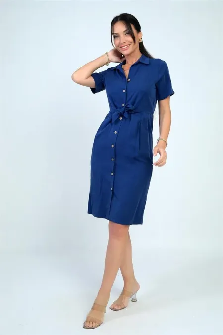 Women's Front Tie Pocket Button Front Lined Short Lyocell Dress