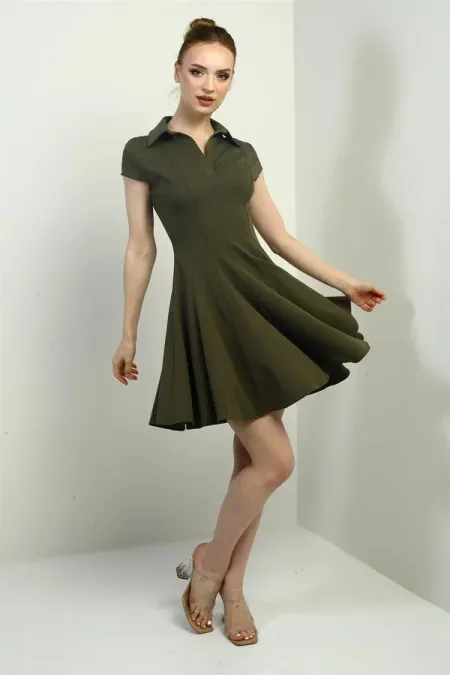 Kadın Polo Yaka Ay Kollu Likralı Kloş Kısa Elbise