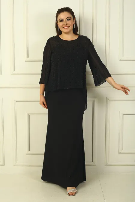 Robe longue couleur sable avec doublure à bretelles et chemisier en mousseline perlée boutonné au dos, ensemble 2 pièces grande taille