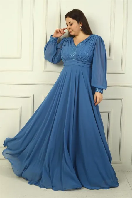 Robe de soirée longue en mousseline de soie grande taille, doublée de sequins, décolleté en V devant et dos, pour femme.