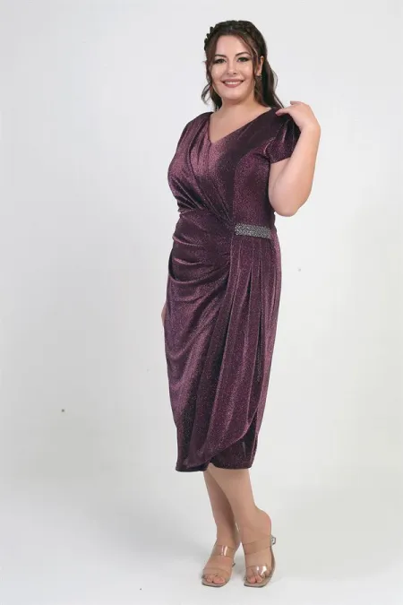 Women's Front Back V Neck Waist Stone Detail Lined Glittery Sandy Fabric Plus Size Midi Dress