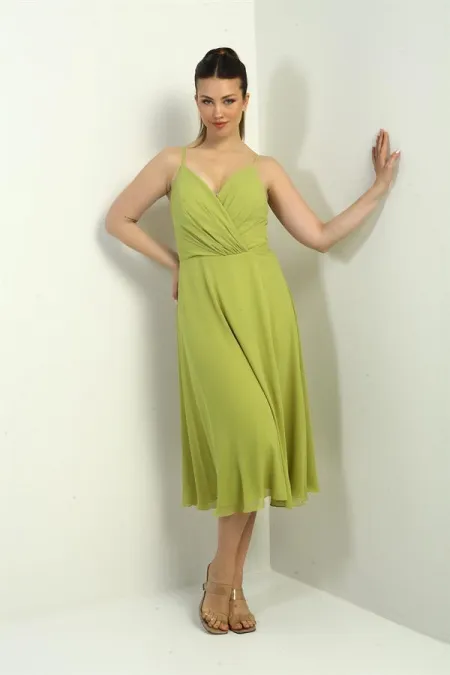 Women's Strappy Wrap Neckline Lined Lace-Up Back Flared Chiffon Dress