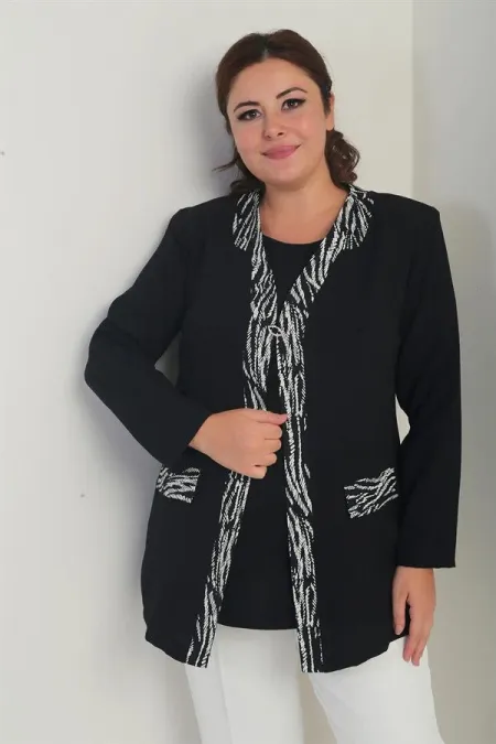 Ensemble 2 pièces pour femme : chemisier sans manches en lycra et veste en crêpe à rayures sur le devant, grandes tailles.