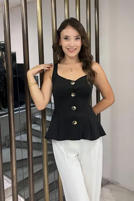 Kadın Kalın Askılı Gold Düğmeli Eteği Volanlı Likralı Dalgıç Bluz