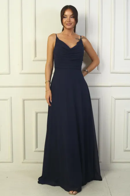 Kadın İp Askılı Drapeli Astarlı Şifon Uzun Elbise