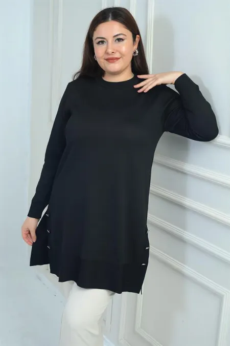 Blouse tunique tricotée grande taille pour femme, avec boutons et fentes latérales