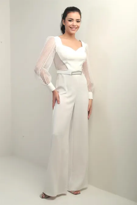 Kadın Kalp Yaka Uzun Tül Kollu Kemerli Palazzo Krep Tulum