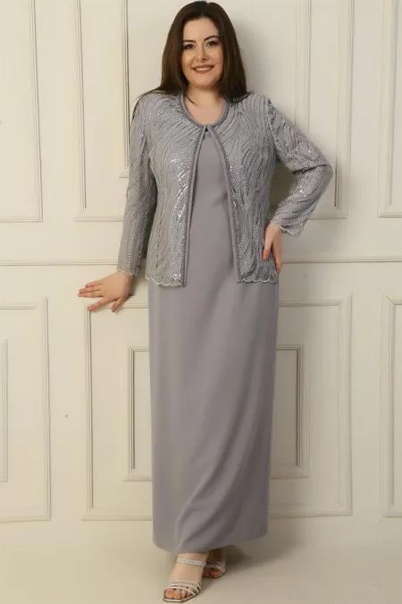 Robe longue à manches demi-lune avec veste en tulle brodée de perles et de sequins, doublée, ensemble deux pièces grande taille