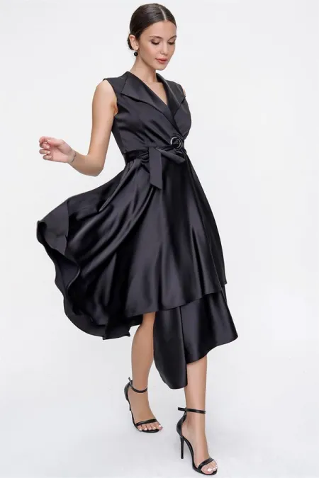 Wrap Neckline Lace-up Satin Dress