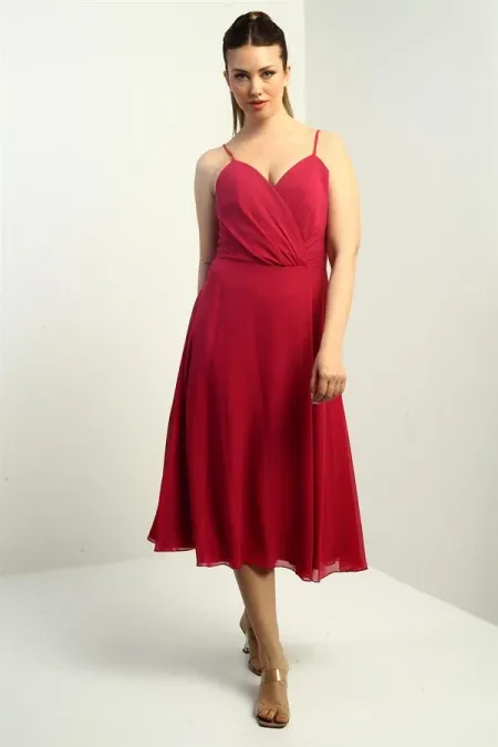 Women's Strappy Wrap Neckline Lined Lace-Up Back Flared Chiffon Dress