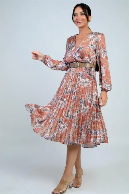 Wrap Neck, Lined, Belted Waist, Leopard Print Pleated Satin Dress