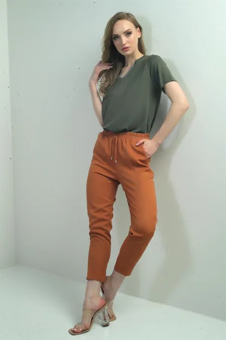 Pantalon carotte pour femme, taille élastique, poches latérales