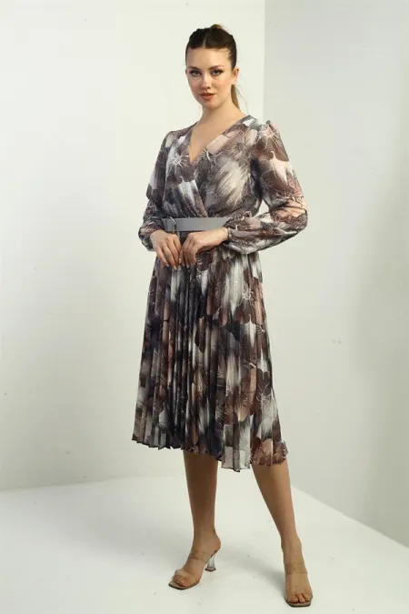 Women's Wrap Neckline Belted Lined Floral Patterned Pleated Midi Chiffon Dress