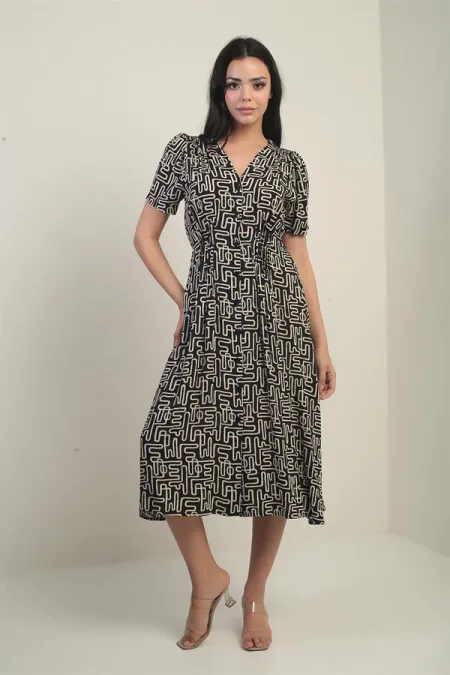 Women's V-Neck Waistband Button-Front Ethnic Pattern Midi Dress
