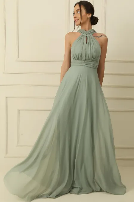 Halter Neck Lined Long Tulle Dress