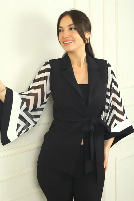 Women's Zigzag Pattern Spanish Chiffon Sleeved Belted Waist Lined Jacket