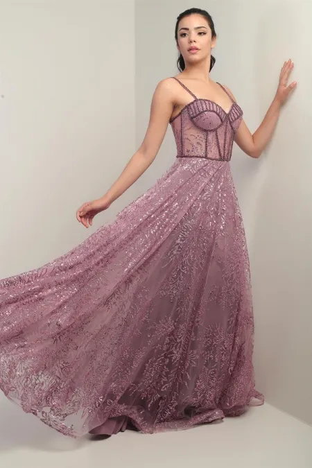 Kadın İp Askılı Boncuk Detaylı Pul İşlemeli Astarlı Uzun Abiye Elbise