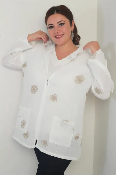 Kapüşonlu Torba Cepli Sim İşlemeli Sarmal  Desen Yıkamalı Fermuarlı Büyük Beden Ceket