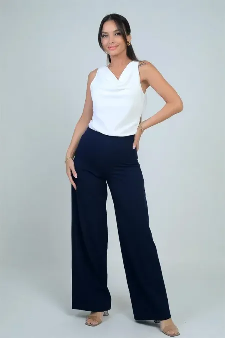 Pantalon en tricot à jambes larges et fermeture éclair latérale pour femme