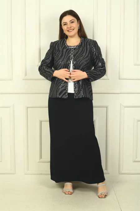 Ensemble 3 pièces grande taille pour femme : veste à sequins, chemisier à manches courtes, jupe longue doublée en crêpe