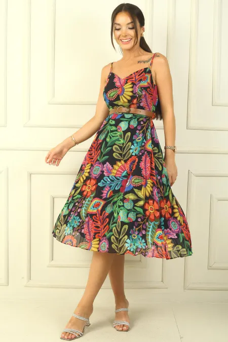 Chiffon Dress with Rope Straps, Belted Waist, Mixed Floral Pattern, Lined Pleated Skirt