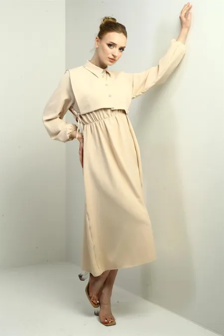 Women's Button-Down Detachable Vest, Elastic Waist, Long-Sleeved Midi Dress